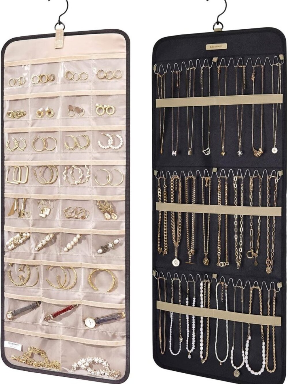 2-Sided Hanging Jewelry Organizer for Necklaces, Earrings & Rings - Black